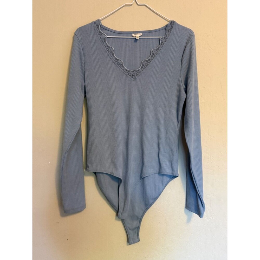Self e Womens bodysuit blue Ribbed Lace-Trim Long Sleeve ribbed soft pastel A17